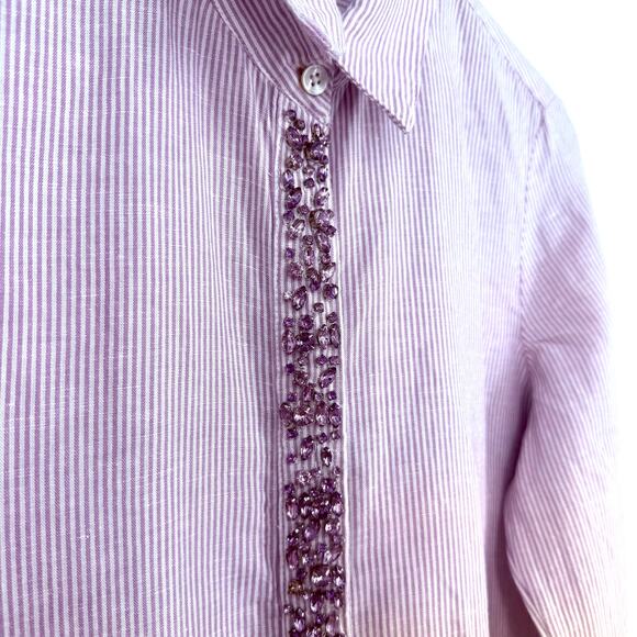 Chicos MEDIUM 1 8/10 LINEN BLEND Purple Stone Accent Long Line Shirt Top Tunic - Picture 4 of 10